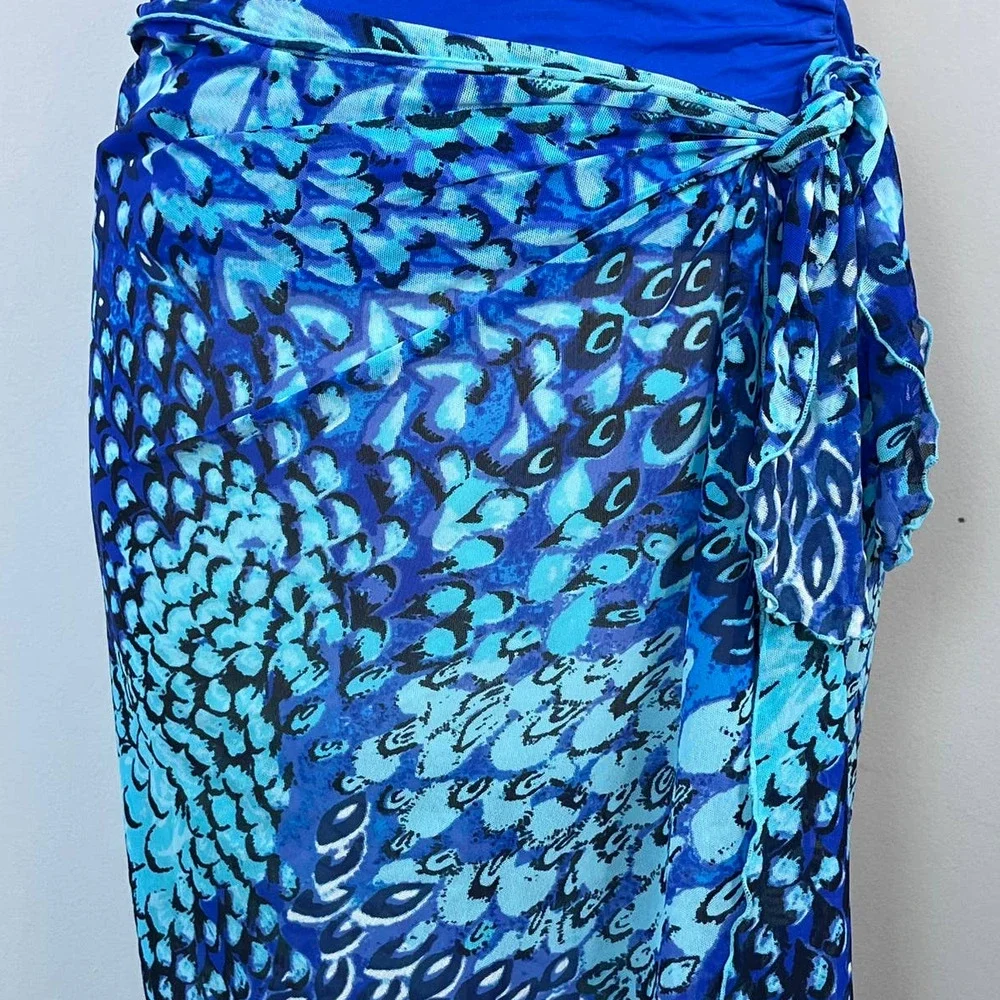 Women's Swim Coverup Long Sarong in Blue Print Sheer Waist Tie One Size